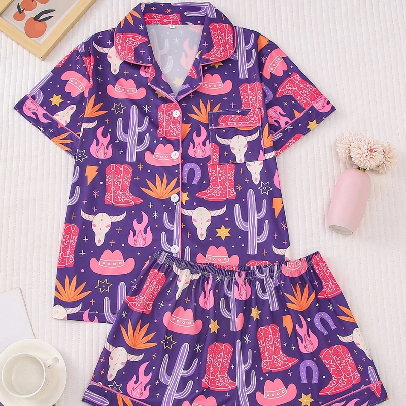 

Plus Size Satin Cartoon Print Pajama Set Short Sleeve Lapel Top And Elastic Shorts Comfortable For Summer Sleepwear Homewear