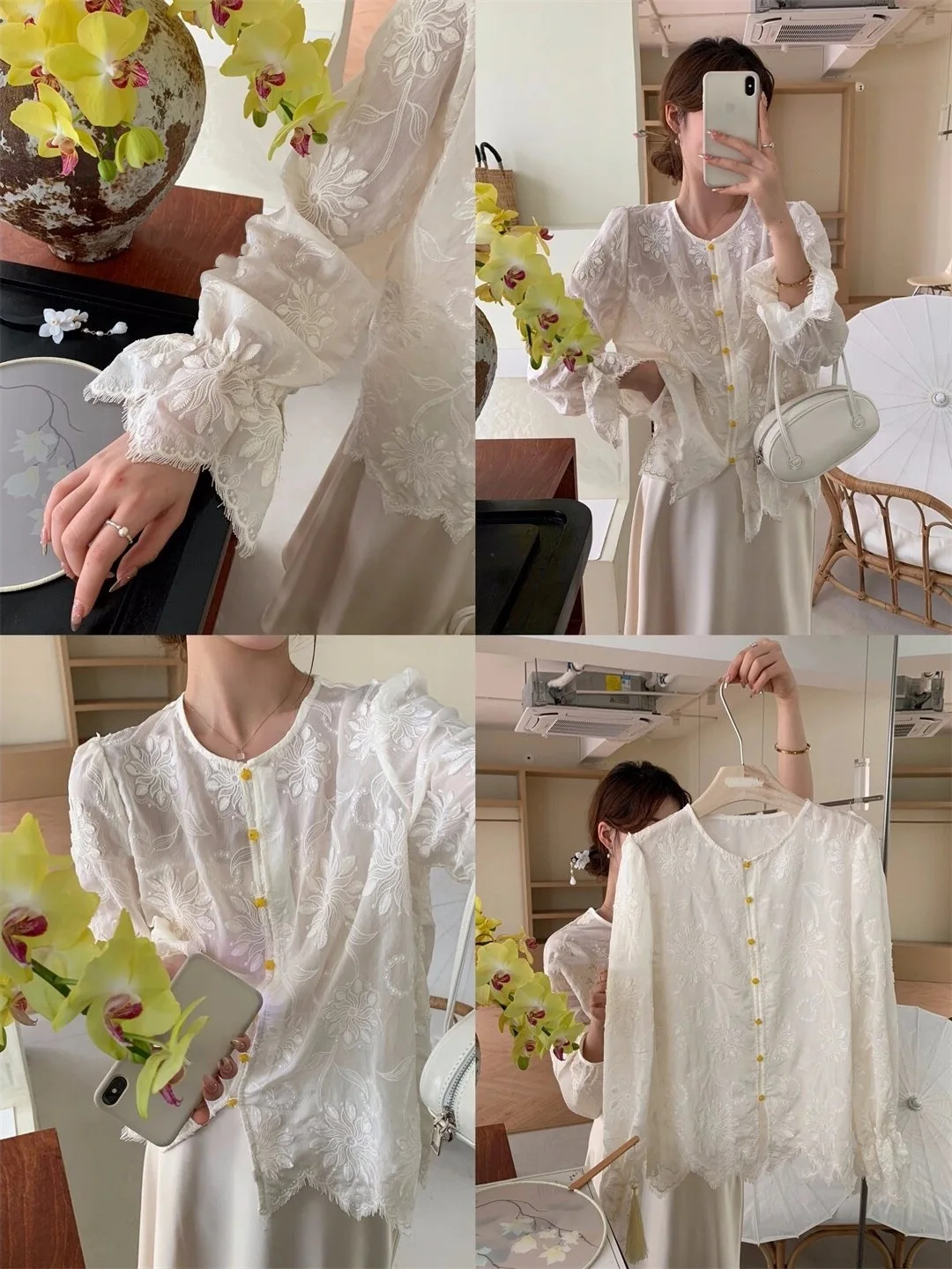 

French Irregular Embroidered Round Neck Shirt for Women's 2024 Spring and Autumn New High End Style Versatile Shirt Top