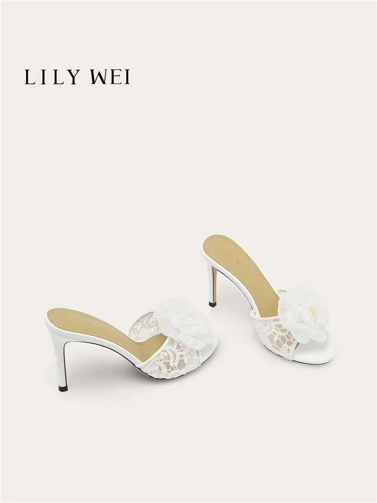 Summer New Lace Flower Fish Mouth Fashion Slippers Pointed Banquet Dress Large Size Small Size Widened High Heels Women's Sandal
