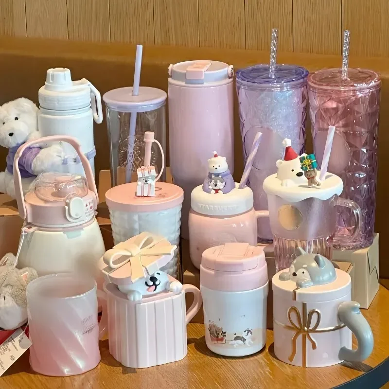 New Arrival Christmas Cute Pet Series Pink Purple Gradient Husky Ceramic Mark Cup Straw Stainless Steel Insulating Cup Gifts