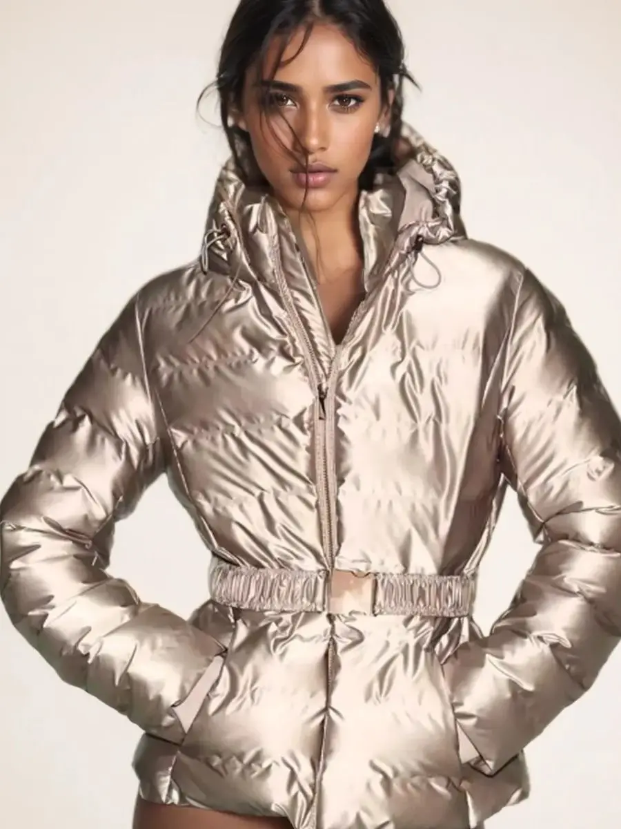Women's Winter Hooded Waterproof Slim Fit Padded Sports Parkas Coats Belt Lady Elegant Gold Warm Zipper Windproof Skiing Jackets