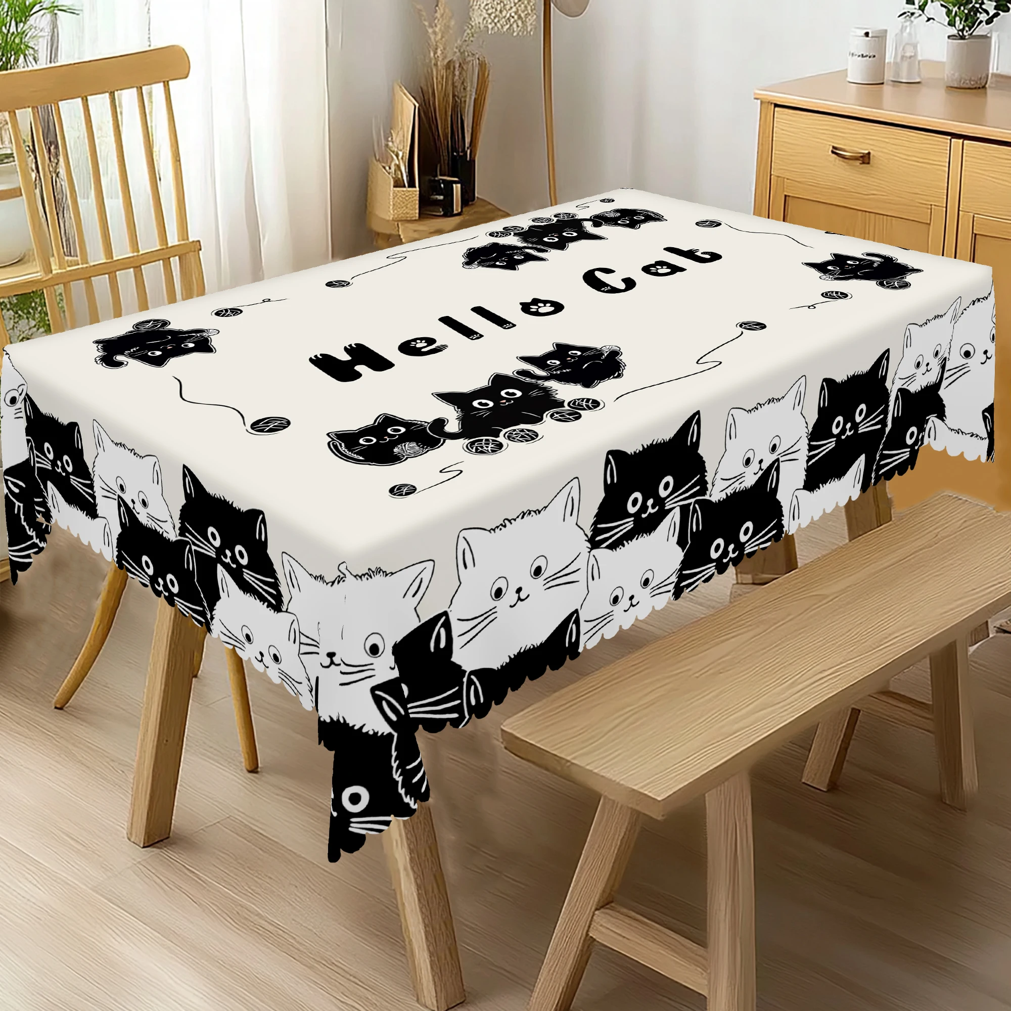 1 Piece Black and White Cat Pattern Tablecloth, Cute Cat Decoration Party Supplies Polyester Machine Washable Tablecloth with Lace, Suitable for Party Cafe Restaurant Home Indoor and Outdoor Decoration, Ideal Gift for Cat Fans