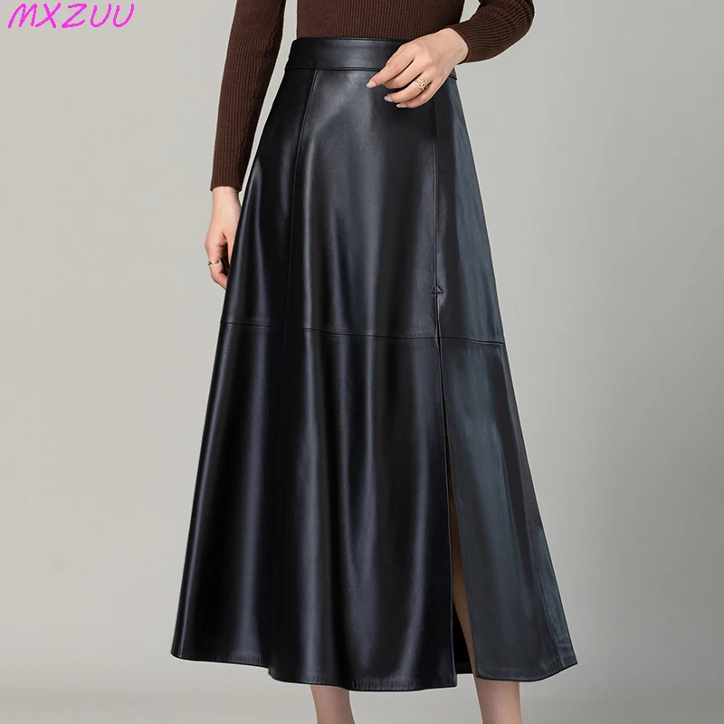 Genuine Leather Lange Rokken Women Sheepskin A-Line High Waist Show Thin Split Big Hem Ankle-Length Multi Color Umbrella Skirts