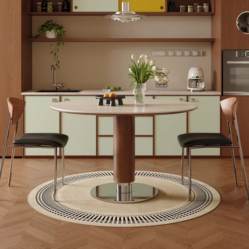 small apartment dining table solid wood negotiation round table beige travertine rock slab dining table and chairs