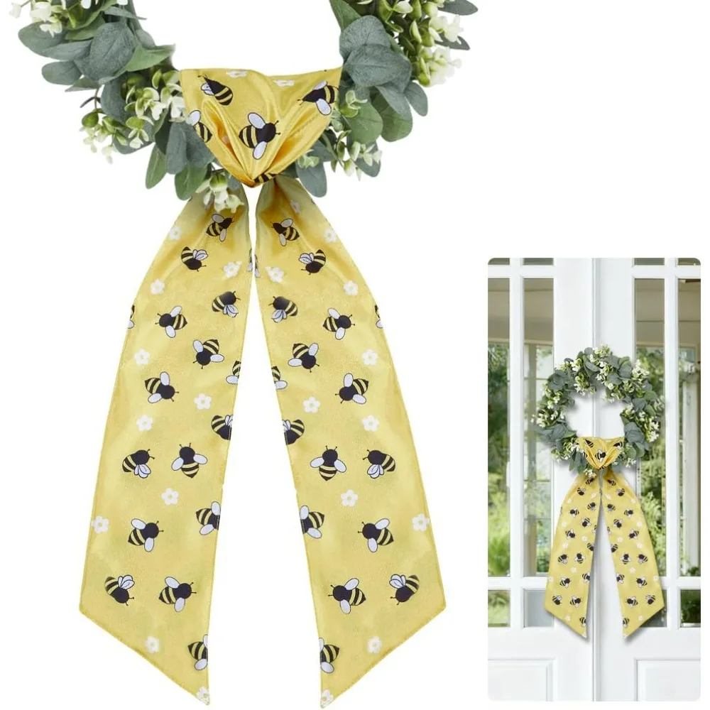 

2Pcs Spring Wreath Sash Ribbon Door Ribbon Wreath Yellow Bees Flowers Pattern 56 x 4.7 Inch Polyester Bow Sashes