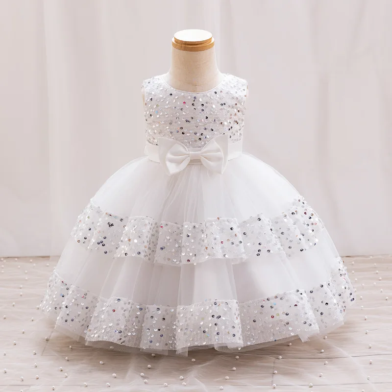 Flower Girl Dresses for Weddings Children Party Dress Kid's Sequins White Clothes 2 to 6 Years