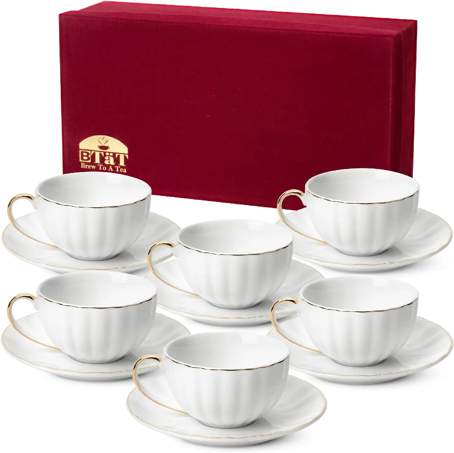 Conjunto de xícara de café e pires de porcelana branca de 6, 7 onças de xícaras de cappuccino com pires, acabamento dourado, próprio para máquina de lavar louça, caixa de presente
