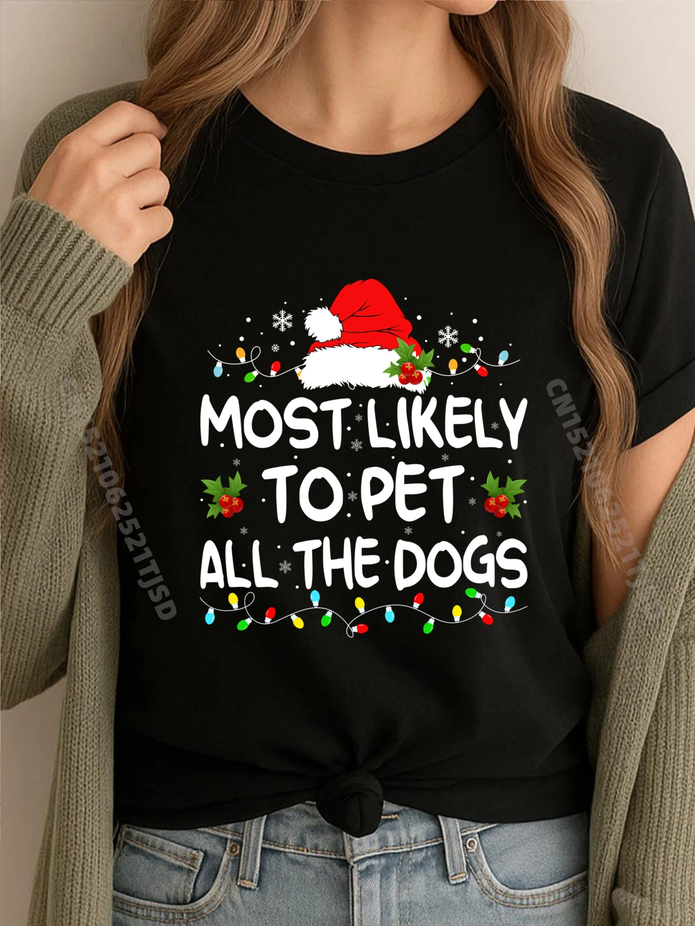 

Most Likely To Pet All The Dogs Christmas Dog Lovers Fall Clothes Aesthetic Limited Time Special Cotton T Shirt Woman Gift