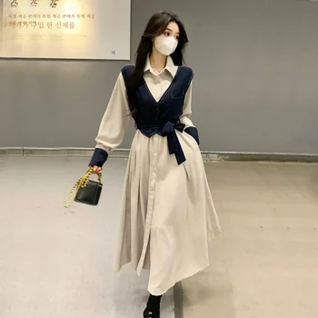 리얼 샷 여성 옷 이른 봄 스타일 우아한 슬리밍 원피스 통통녀 가짜 두 조각 대조 컬러 허리 포옹 긴 원피스