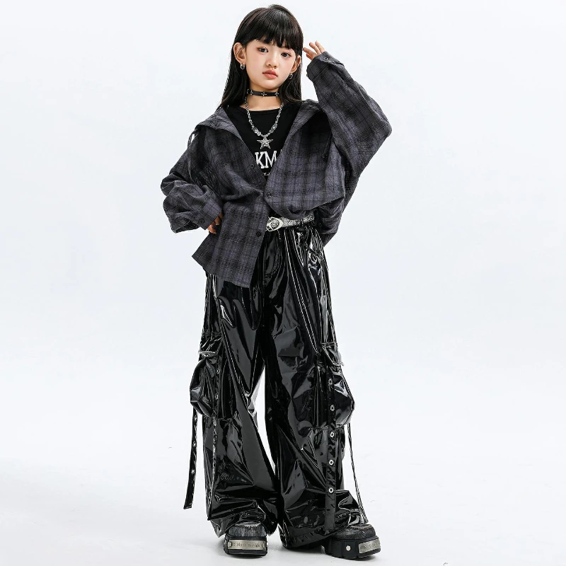 Costumi di danza jazz per ragazze Camicia scozzese con cappuccio Pantaloni di pelle Cool Kpop Outfit Gruppo Moda Hip Hop Street Dance Performance Wear