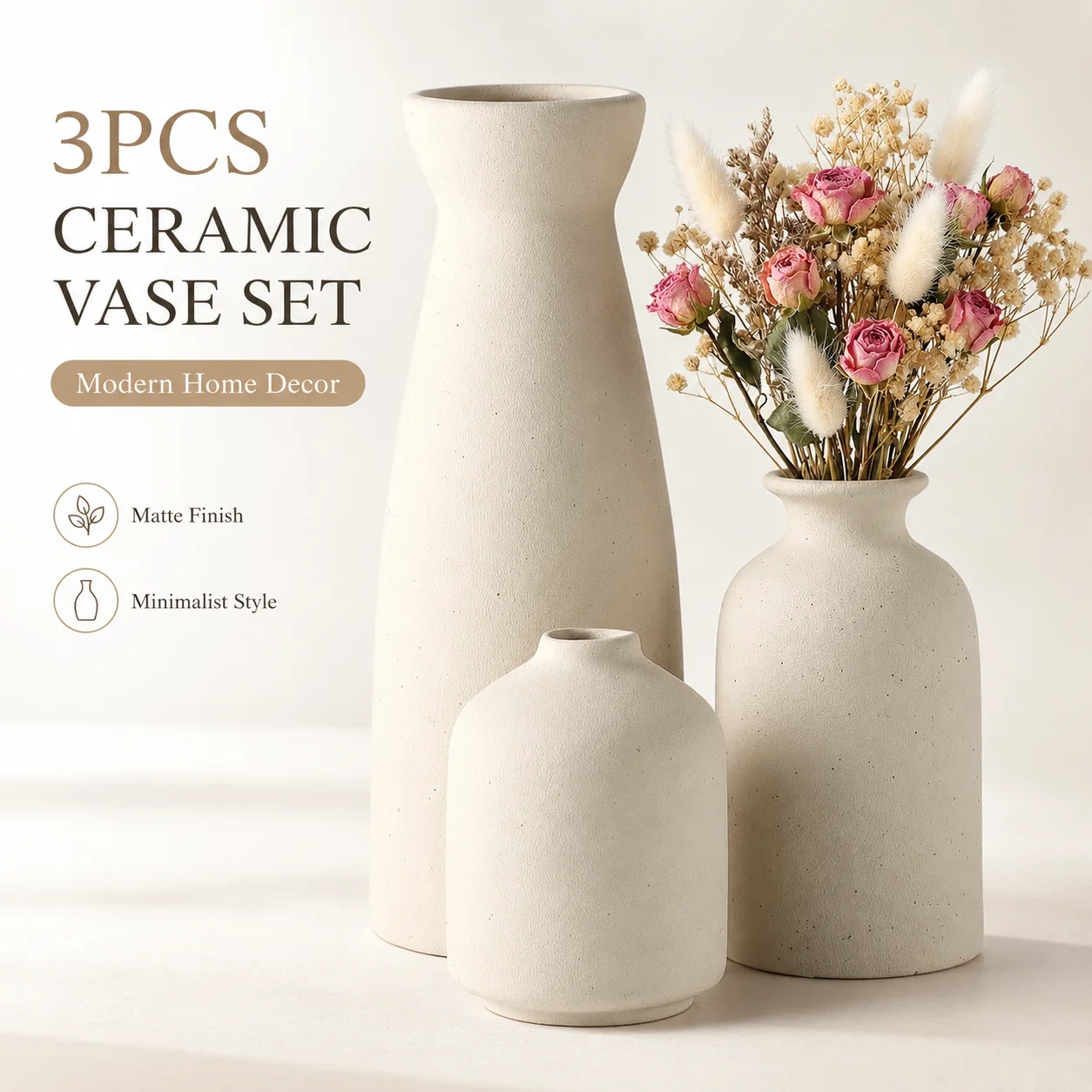 Ensemble de 3 vases en céramique, style moderne bohème, décoration de la maison, vase décoratif pour herbe de la pampa et fleurs séchées, idéal pour étagère, table, bibliothèque, entrée