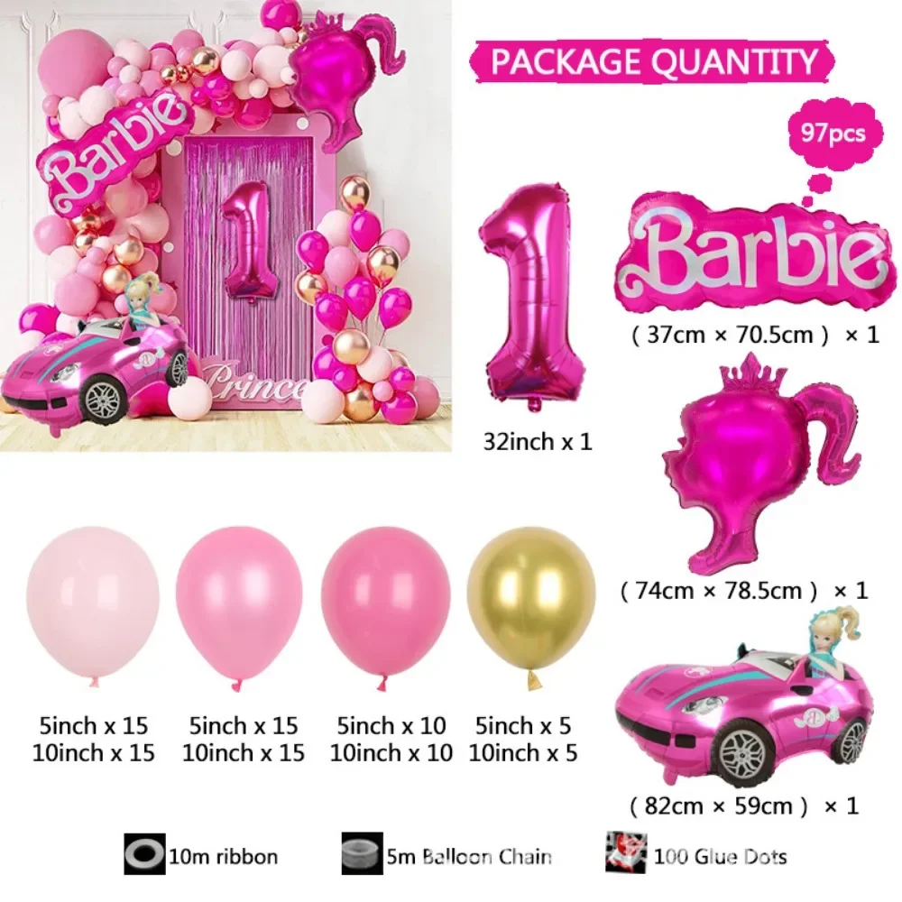 Conjunto de arco rosa de Barbie, 97 piezas, estilo guirnalda, 32 pulgadas, 1-9 bolas de aluminio, globo de látex, decoración de fiesta de cumpleaños para niños y niñas