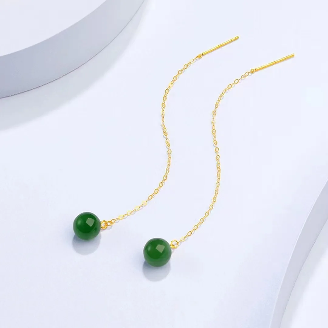 SMILE Real 18K gold jasper ear line AU750 Hotan Jade jasper round bead ear line women's boutique jewelry gift E0042