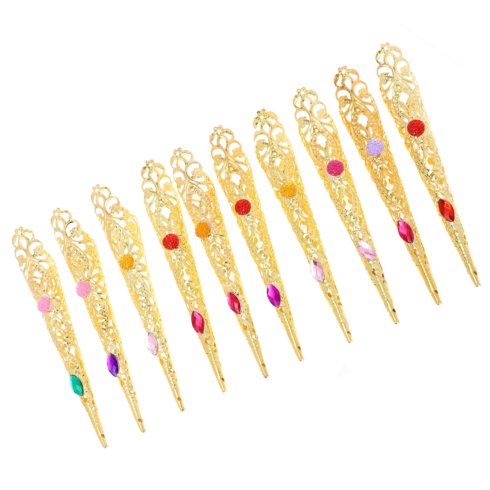 

10Pcs Gold Rhinestones Finger Nail Tips Long Fake Nail Rings Costume Accessories for Belly Dance Halloween Cosplay