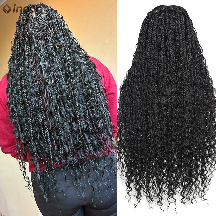 Synthetic Boho Knotless Braided Wigs For Black Women 32'' Square Box Braids Wigs With Boho Curls Full Lace Cornrows Braided Wigs