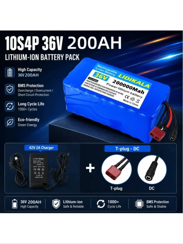36V 200Ah 200000mAh 10S4P Lithium-Batteriepack mit eingebautem BMS und Ladegerät für E-Bike, Roller, Wohnmobil, Boot, Solaranlage, EU-Steuerbefreiung