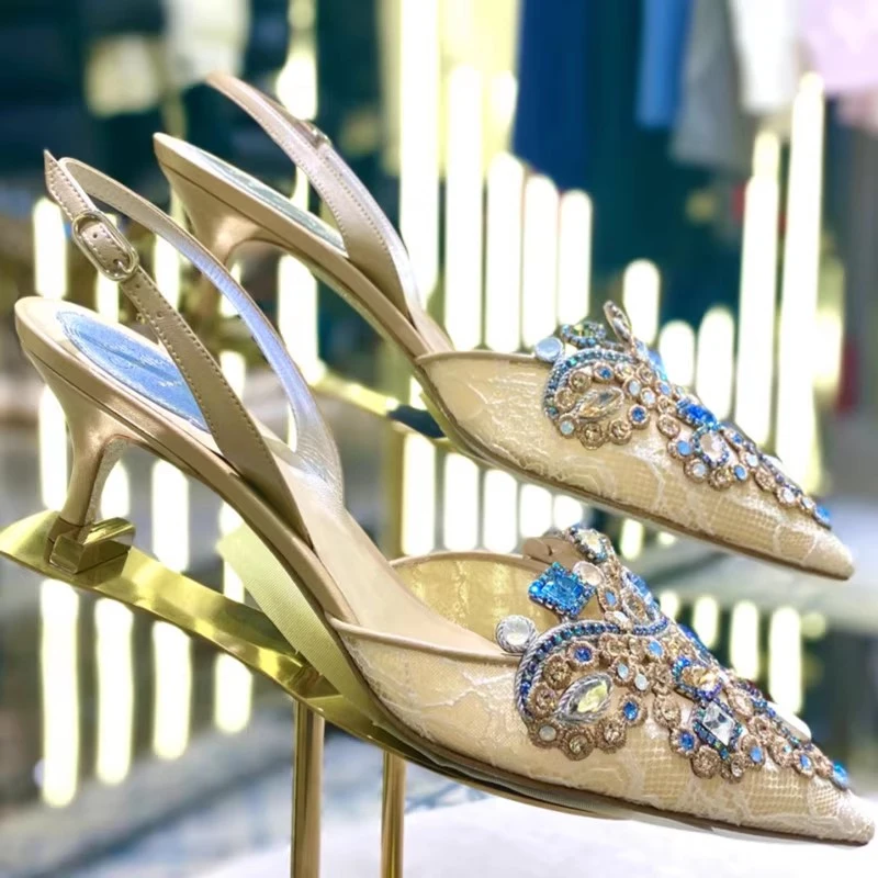 

Spring and summer new pointed pearl rhinestone mesh lace wedding shoes thin high-heeled banquet dress low-heeled women's sandals