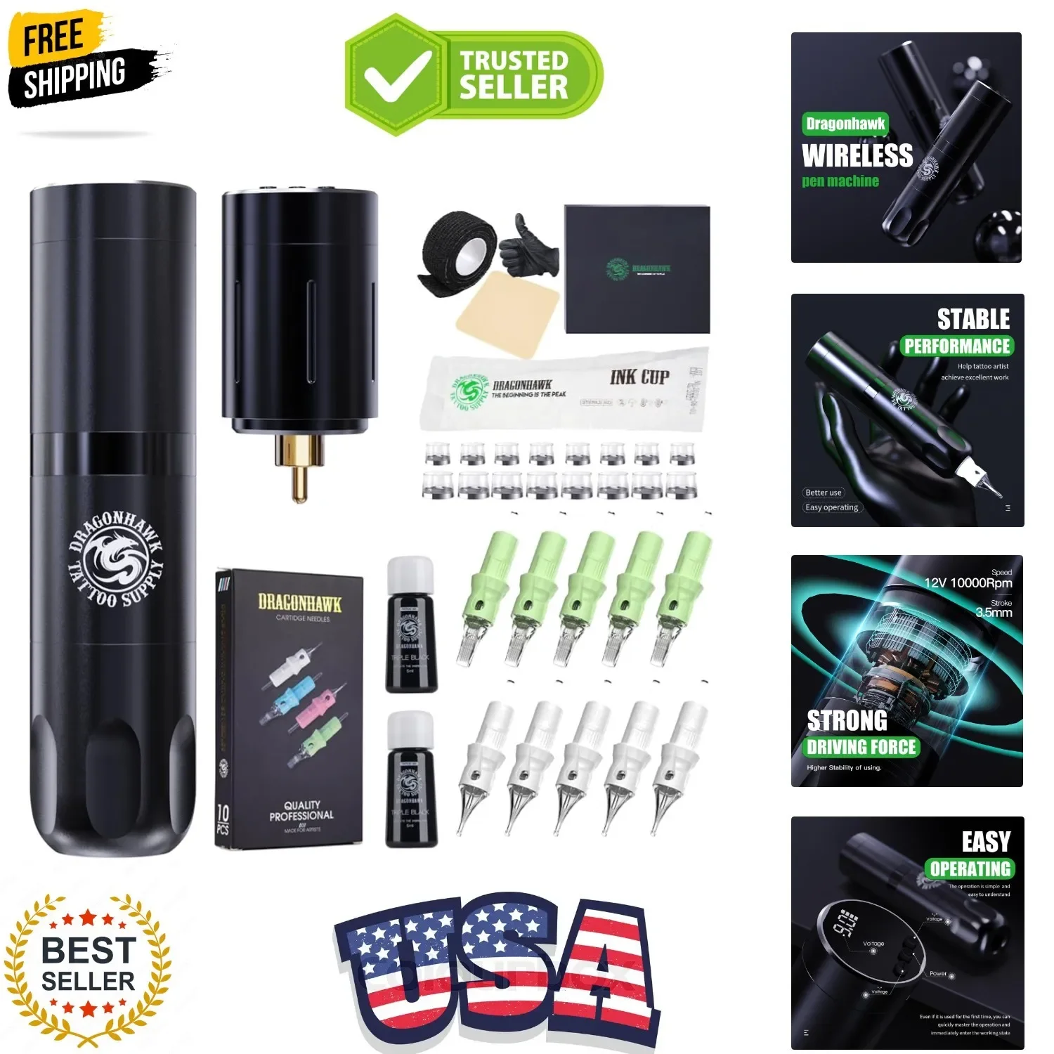 

Cordless Tattoo Gun Kit Complete Tattoo Kit, Pro Tattoo Pen Machine with 2 Ta...