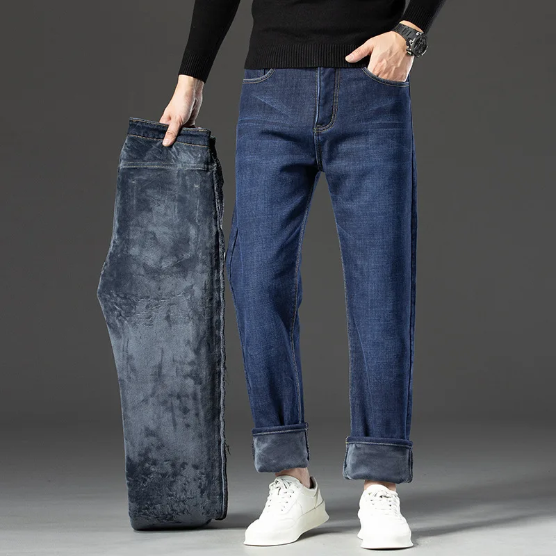 2025 Winter Jeans Men Straight Warm Thick Fleece-lined Denim Trouser Male Classic Business Casual Cowboy Pant Stretch Black Blue