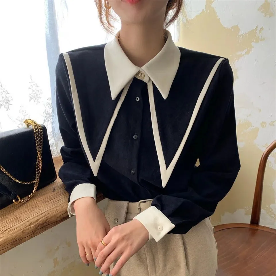 Long Sleeved Shirt Spring  Autumn New Korean College Style Color Blocked Lapel Top Fashion Loose Versatile Blouse For Women