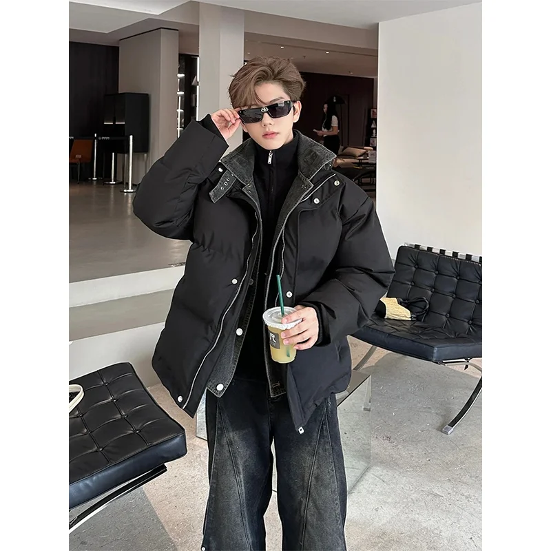 

Thiened Stand Collar Denim Patchwork Cotton Jaet Men's Winter Street Sle Workwear Outerwear Casual Loose Fit Youth