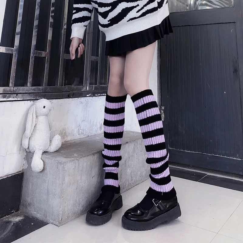 Y2k Goth Lolita Leg Striped Warmers japońskie kobiety gotyckie długie skarpetki getry kolana zimowe dzianiny mankiety kostki cieplej wysokie