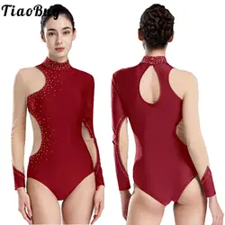 Leotardos de baile de Ballet para mujer, mono de patinaje artístico gimnástico con diamantes de imitación, malla de manga larga, Ropa de baile de rendimiento