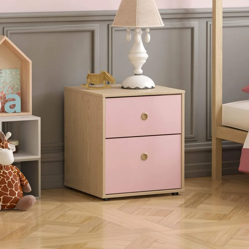 Mesita de Noche Infantil con 2 Cajones، Diseño en Rosa y Roble para Dormitorio #1