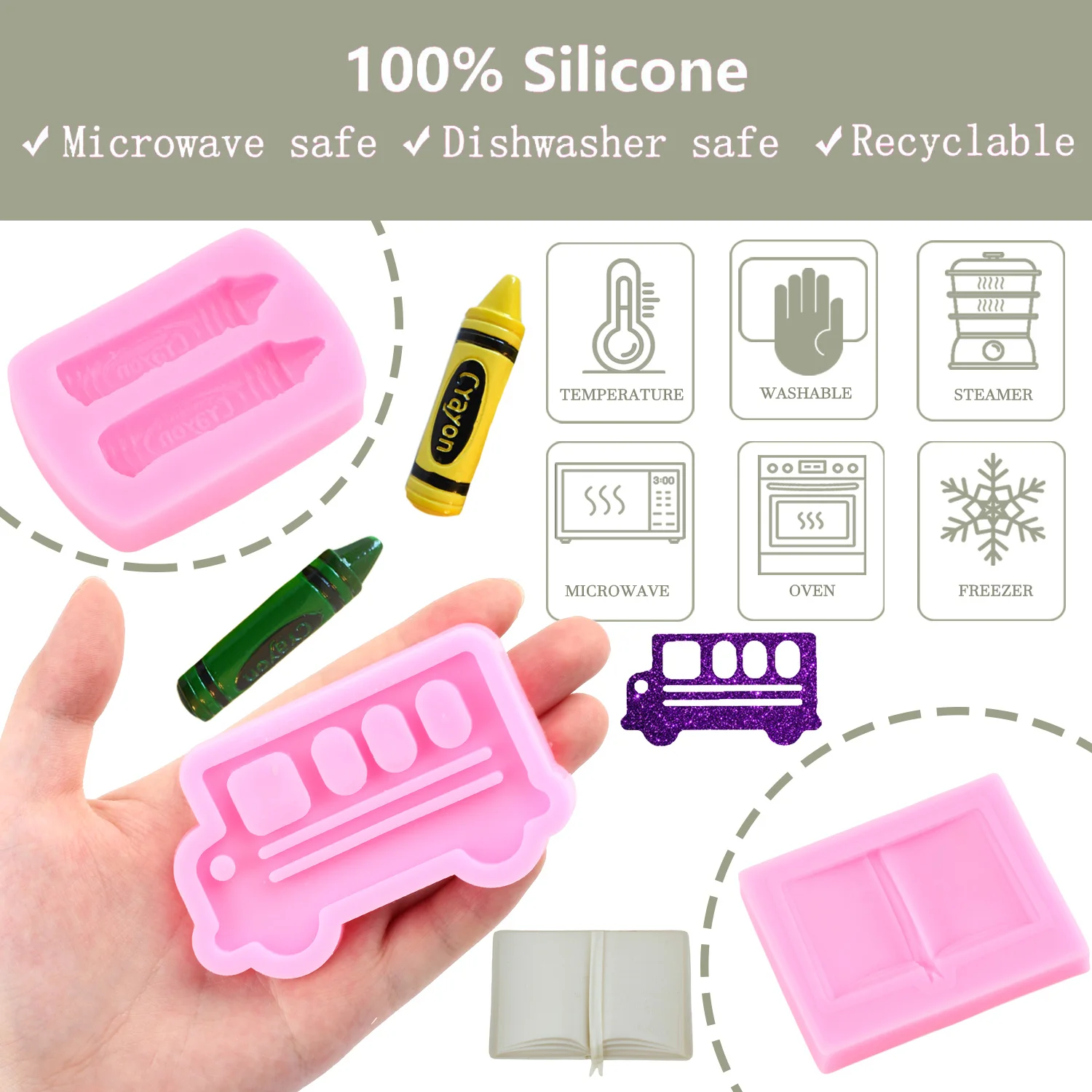 School Bus Book Silicone Molds Pen Crayon Fondant Mold Cake Decorating Tools Chocolate Gumpaste Mould Candy Resin Clay Moulds