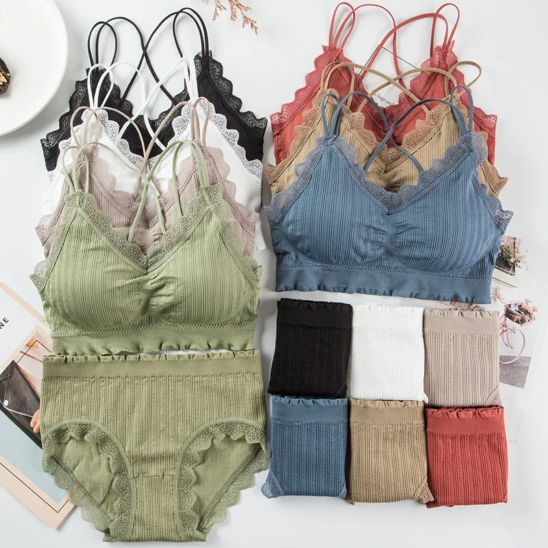 Women's Bra Set Sexy Beauty Back Sling Vest Bras Underwear Sets Casual Wire Free Lingerie Solid Color Padded Intimates Underwear