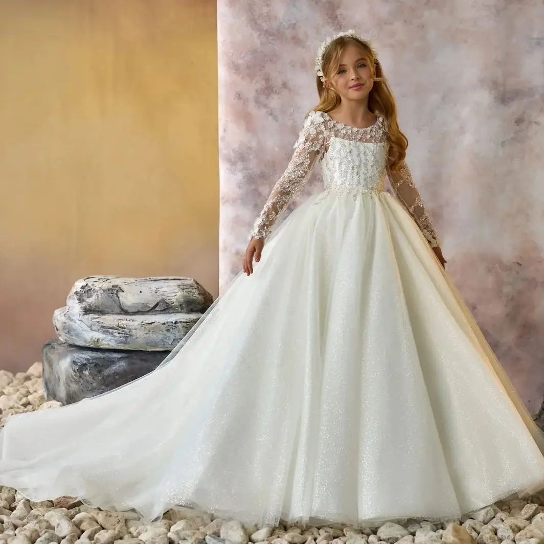 Long Sleeve Flower Girl Dresses For Wedding Beading Tulle Customized Ball Gown Baby First Communion Dresses