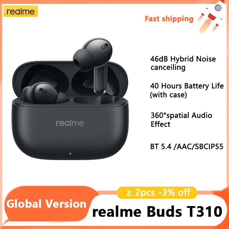 Global Version realme Buds T310 Bluetooth 5.4 Wireless TWS Earphone 40H Battery Life Headphone 46dB Active Noise Cancelling