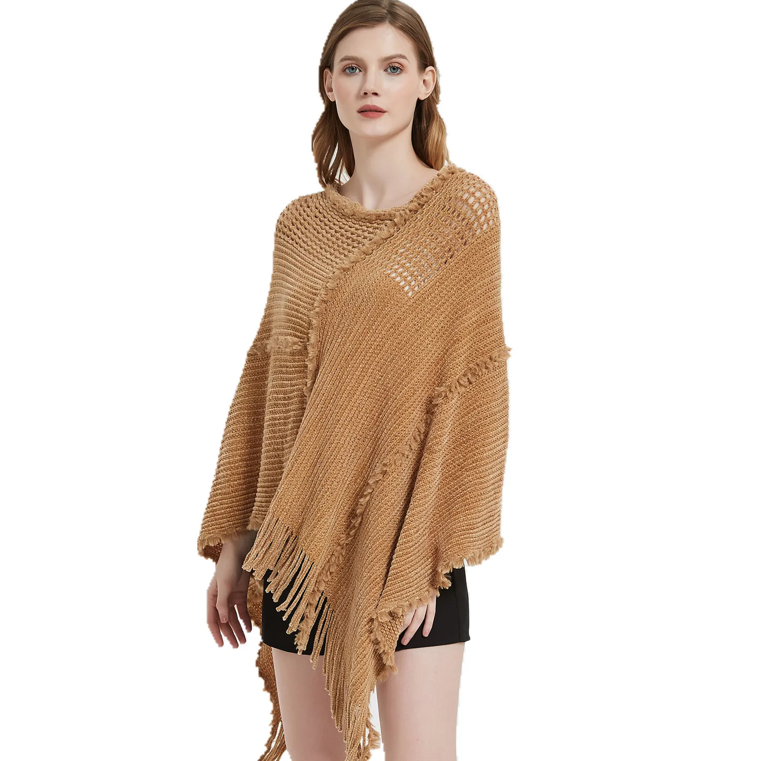 New Women Hollow Knitted Ponchos Fashion Winter Warm Shawls Wraps Ladies Batwing Sleeves Tassel Sweater Brand Female Scarf 2022