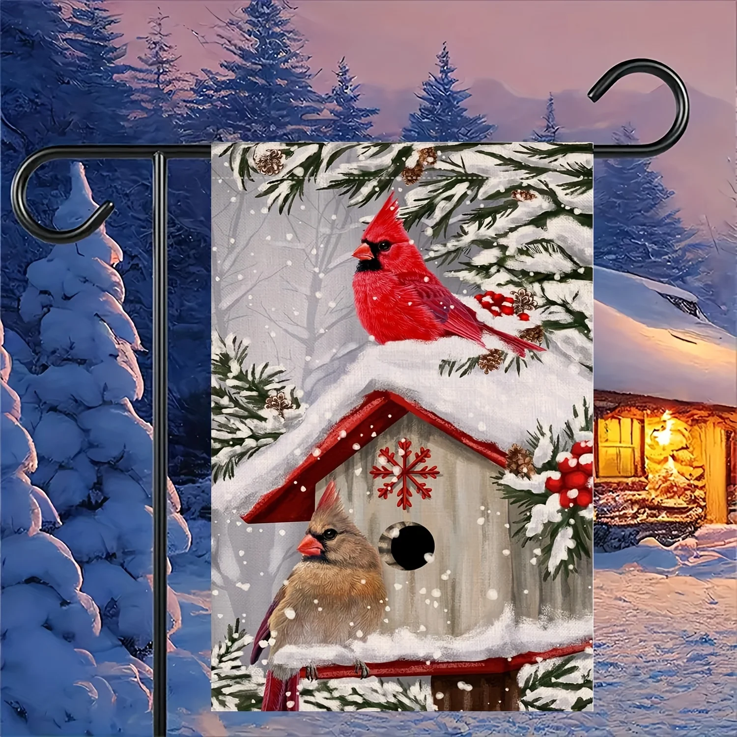 1 Winter Cardinal Bird Garden Flag, 12x18 Vertical Double Side Print, Big Tree Snow Christmas Holiday Outdoor Decor