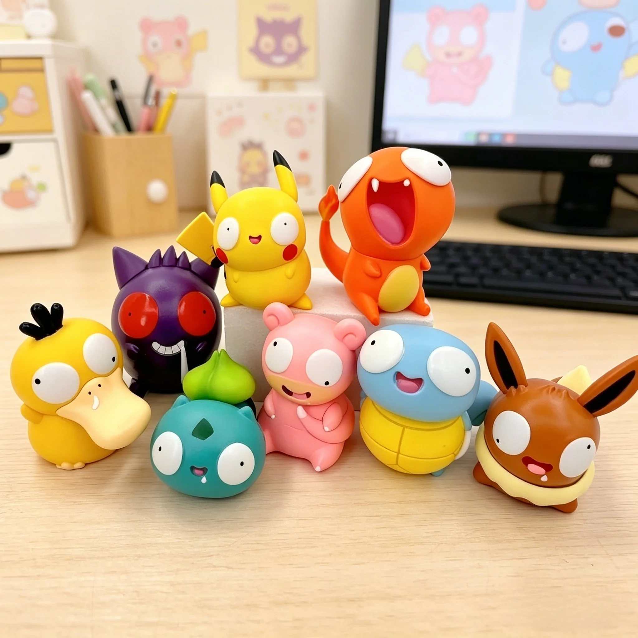 Figuras lindas de Pokémon con ojos grandes, figuras de Squirtle, Charmander, Bulbasaur, dulces adornos de escritorio, juguetes, regalos para niños