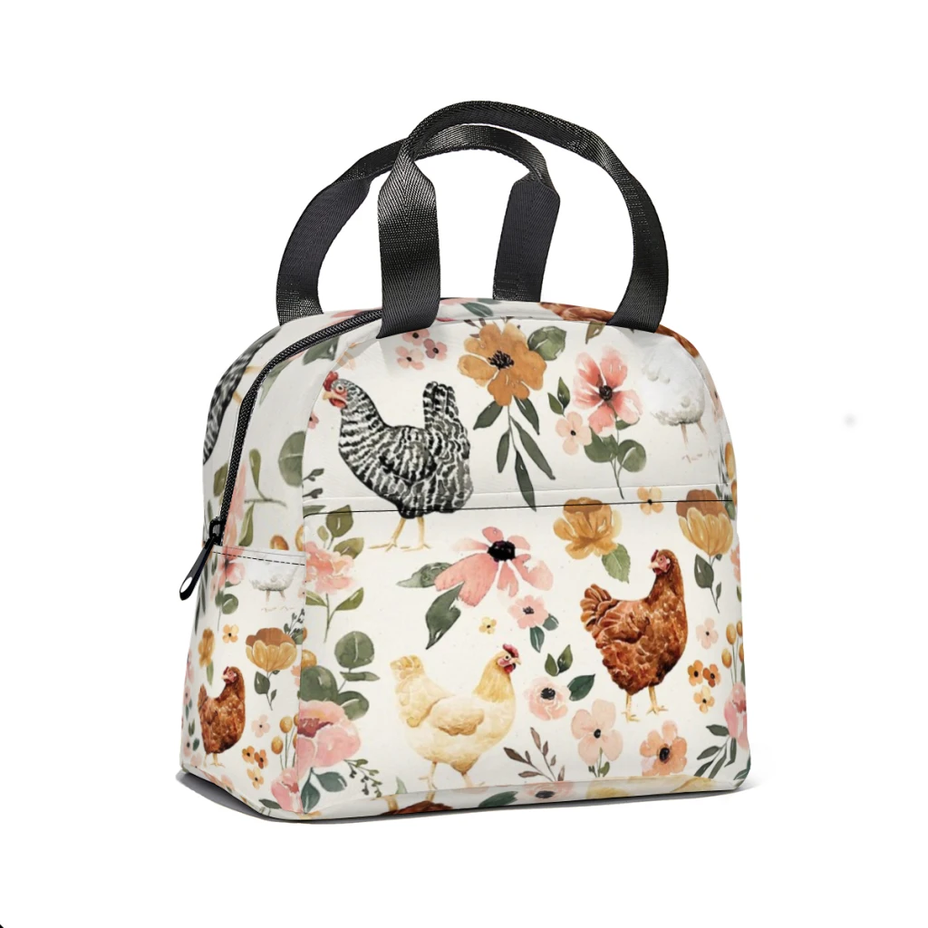 Watercolor Chicken Floral, Charlotte Floral Collection Portable Lunch Bag Food Thermal Box Durable Cooler Lunchbox with