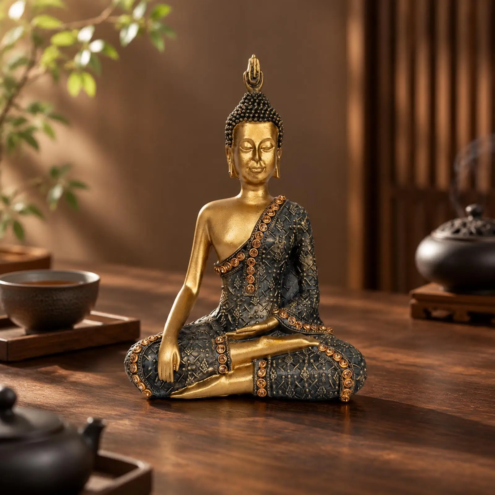 Antique Resin Buddha Triad Statue Meditative Pose Gold Accents for Living Room Decor Buddhist Figurine Shelf Display Piece