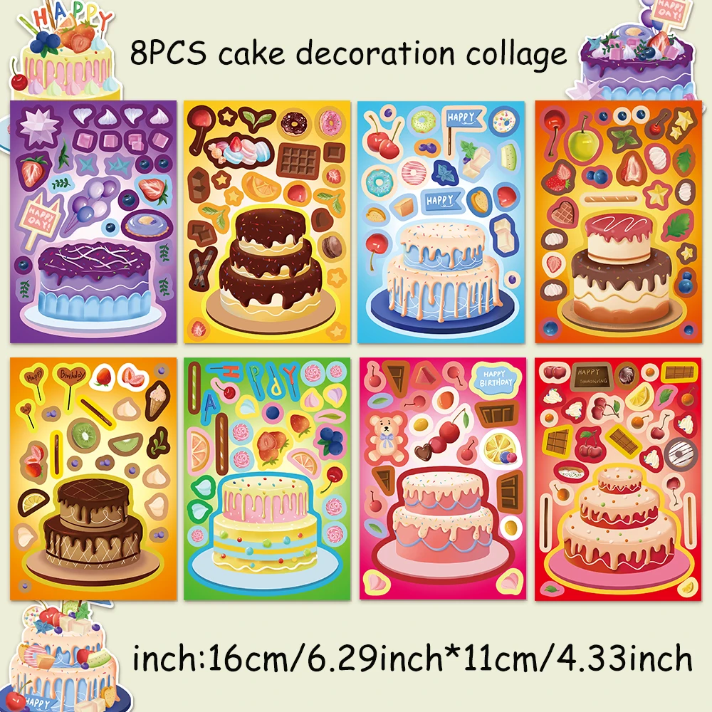 8 قطع من ملصقات الكيك الإبداعية تمنيات تتيح إلى ملصقات ألغاز تجميع ملصقات كرتونية ذاتية الصنع
