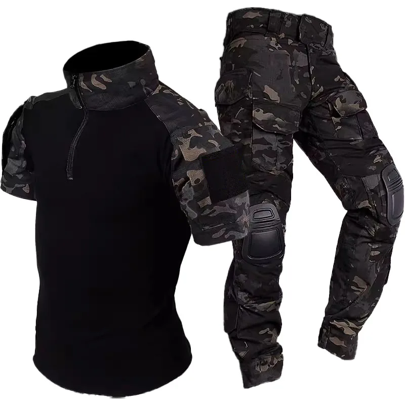 Camo Tactical Sets Men Summer Breathable Short Sleeve Tshirts+Multi-pocket Wear-resistant Straight Pant 2 Pcs Suits Training Set