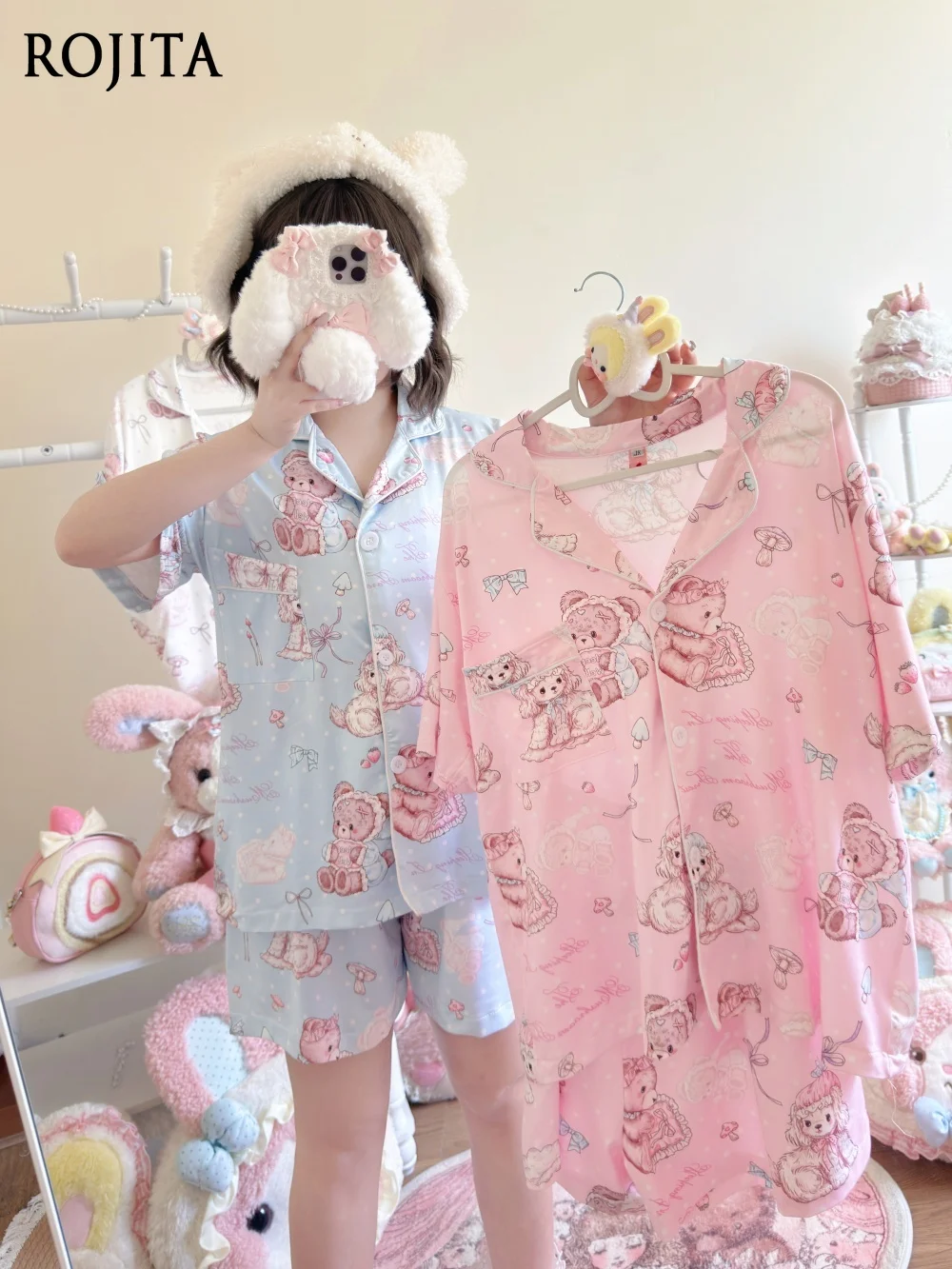 

Lolita Pajamas Shorts Set Women Summer Sweet Cute Home Clothes Lapel Cartoon Print Short Sleeve Top and Shorts Two-Piece Set