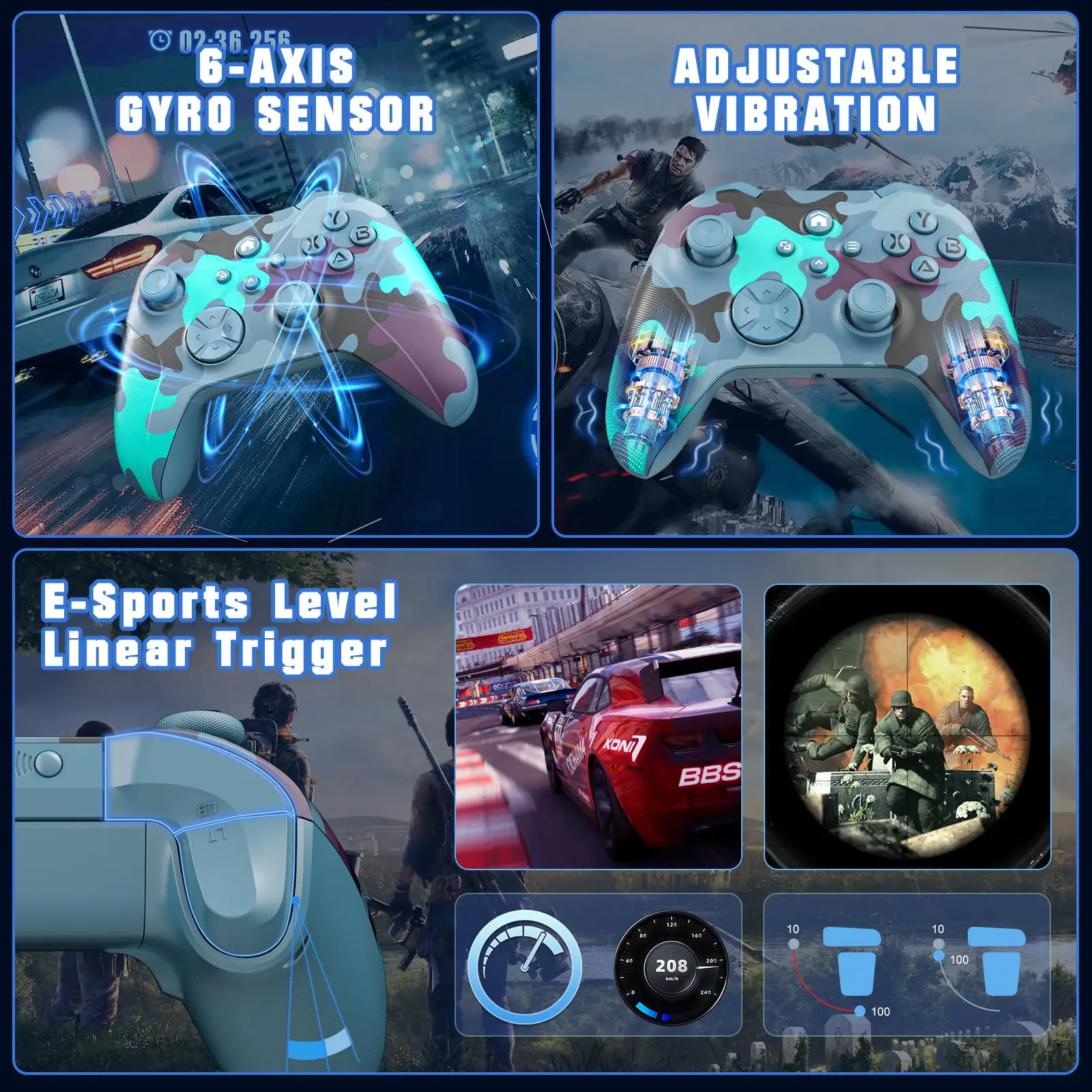 وحدة تحكم ألعاب لجهاز Xbox One S/X/Series S/X/PC عصا تحكم للألعاب مع مستشعر جيروسكوبي 6 محاور، اهتزاز قابل للتعديل، لوحة ألعاب TurboFunction