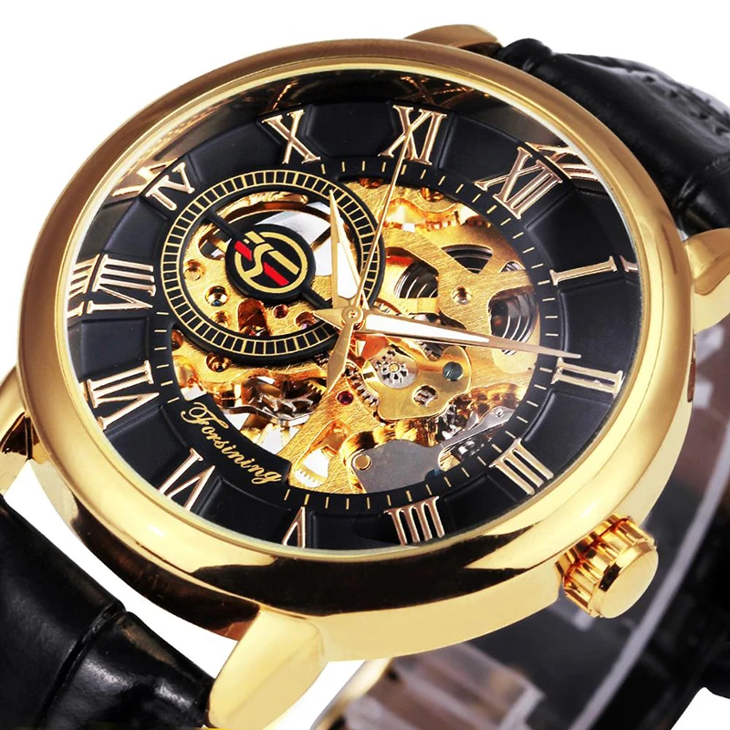 Forsining Classic Retro Skeleton Mechanical Watch for Men Luminous Hands Top Brand Luxury Mens Watches Leather Strap Clock 2024