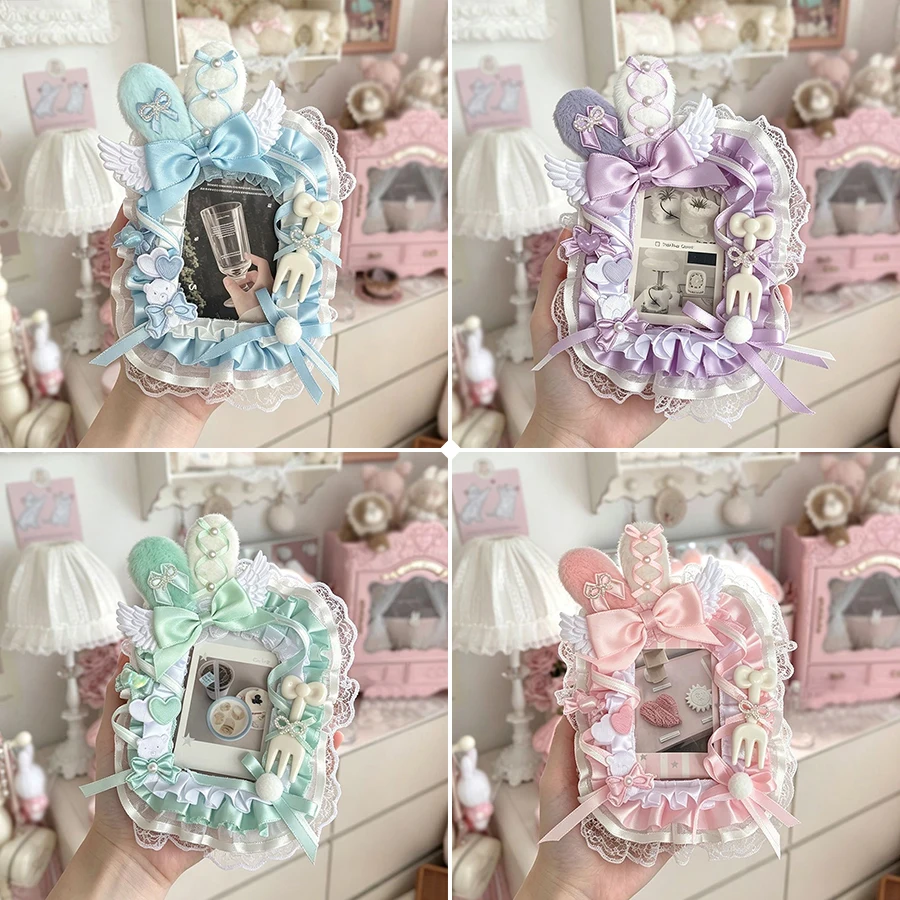 Angel Wing Pearl Bunny Ear Lace Photocard Display Card Holder Lolita Bow 3 Inch KPOP Photocard Decor Border Macaron Color Polaroid Photo Frame Anime Kuka Idol Collection Itabag Itaplate Decor Ornament photocard topper
