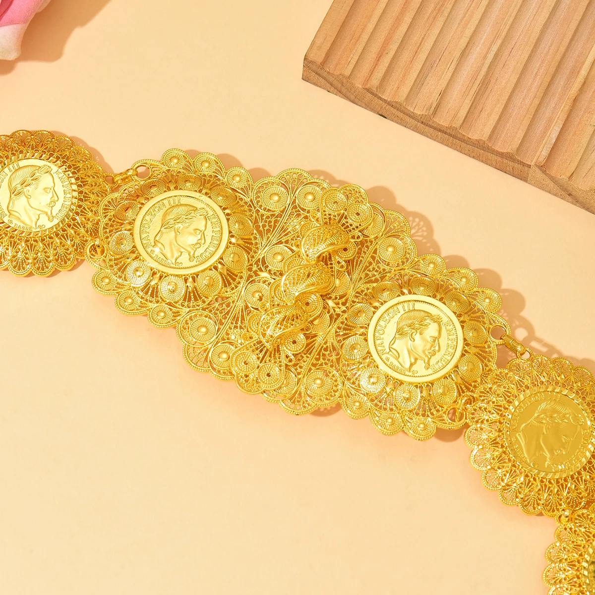 

A Luxurious Gold Arabian Vintage Ethnic-Style Metal Engraved Complex Round Portrait and lace design adjustable length belt