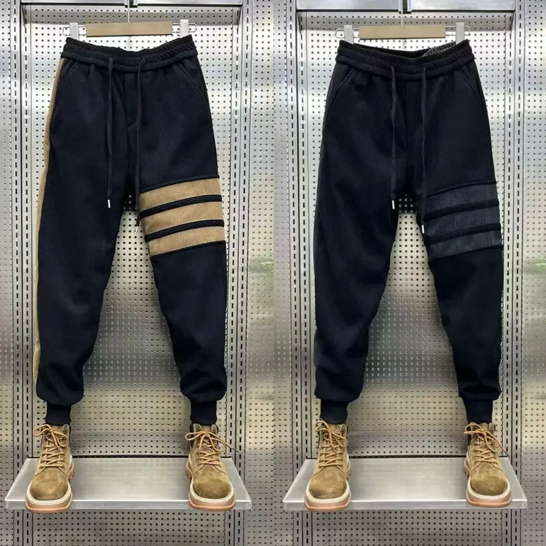 2024 autumn winter new corduroy striped sweatpants men fashion splicing trend versatile leggings foreign style retro sweatpants