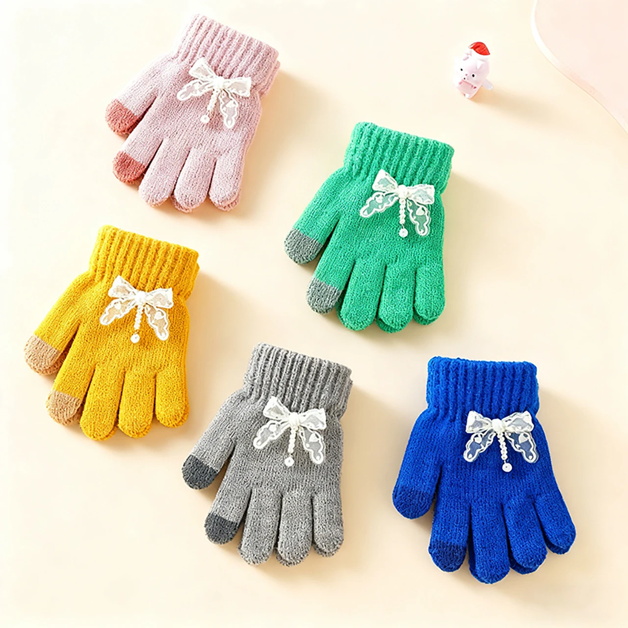 

Winter Warm Pearl Girls Gloves Children Knit Glove Baby Hand Warmer Sweet Lace Bow 3-6year Kids Five Finger Mittens Handguard