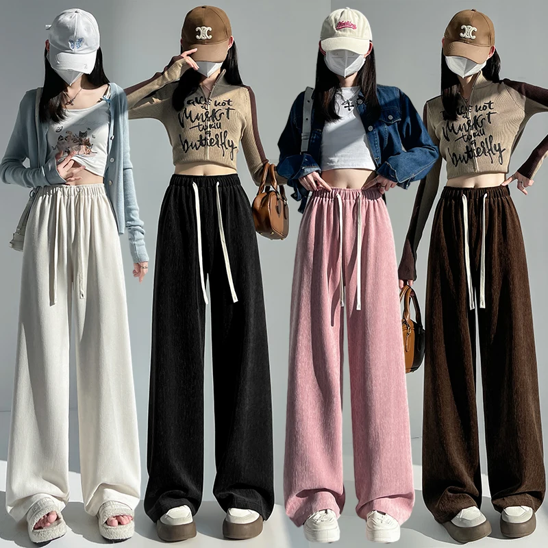 

Women's Chenille Wide-Leg Pants 2024 Autumn New Style High-Waist Drapey Straight Tube Casual Lazy Style Leisure Trousers