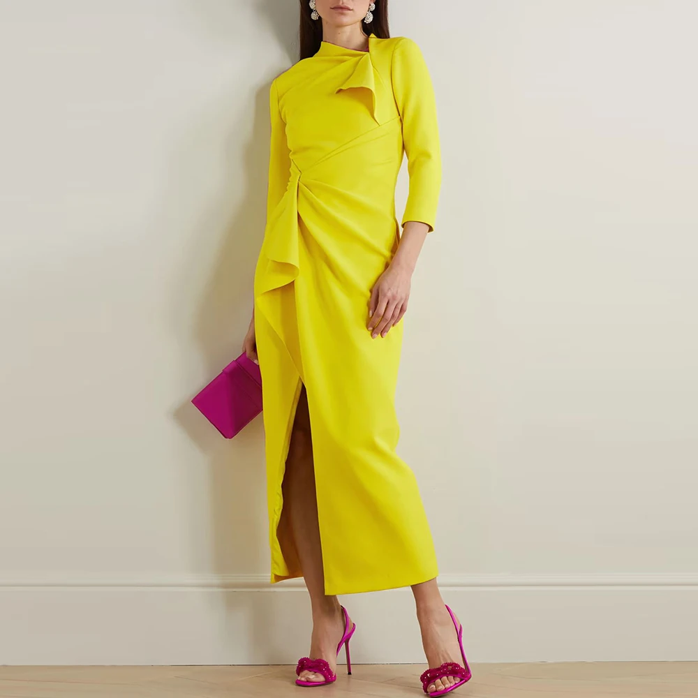 Crepe Evening Dress For Sexy Women 정장원피스 Vestidos de festa Elegant Ruched Fashion High Neck Yellow Cocktail Prom Gown 2024