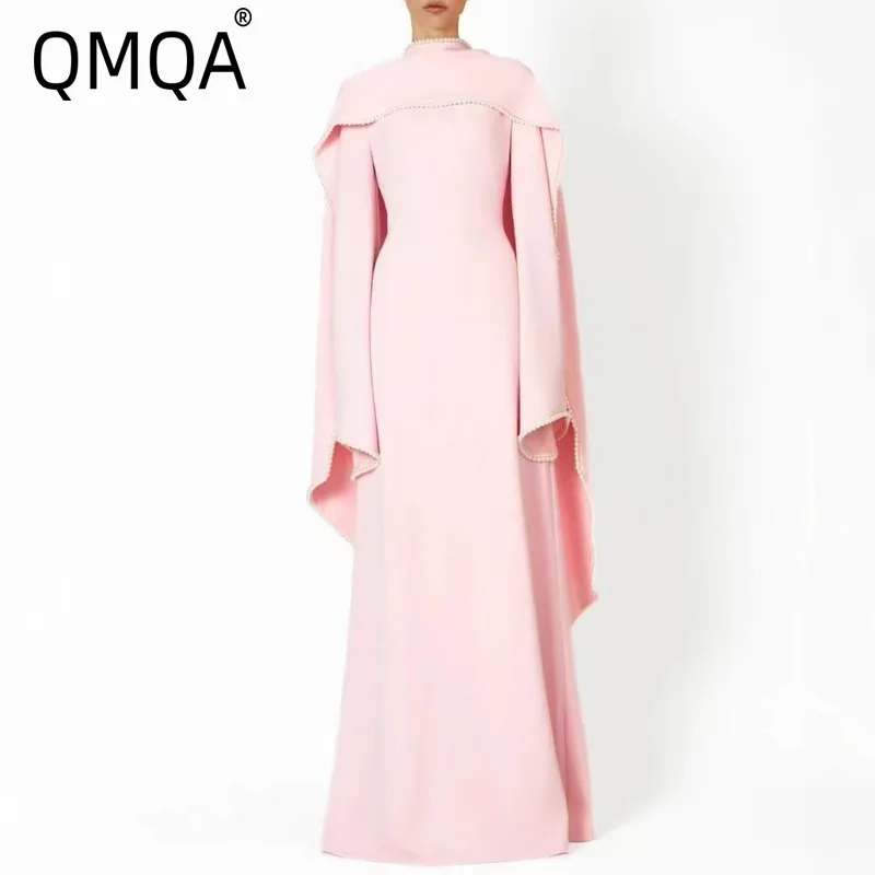 QMQA Fashion Women's Elegant Evening Spliced Beading Bell Long Sleeve Cape Patchwork Solid Party Dresses 2025 Autumn New QM875