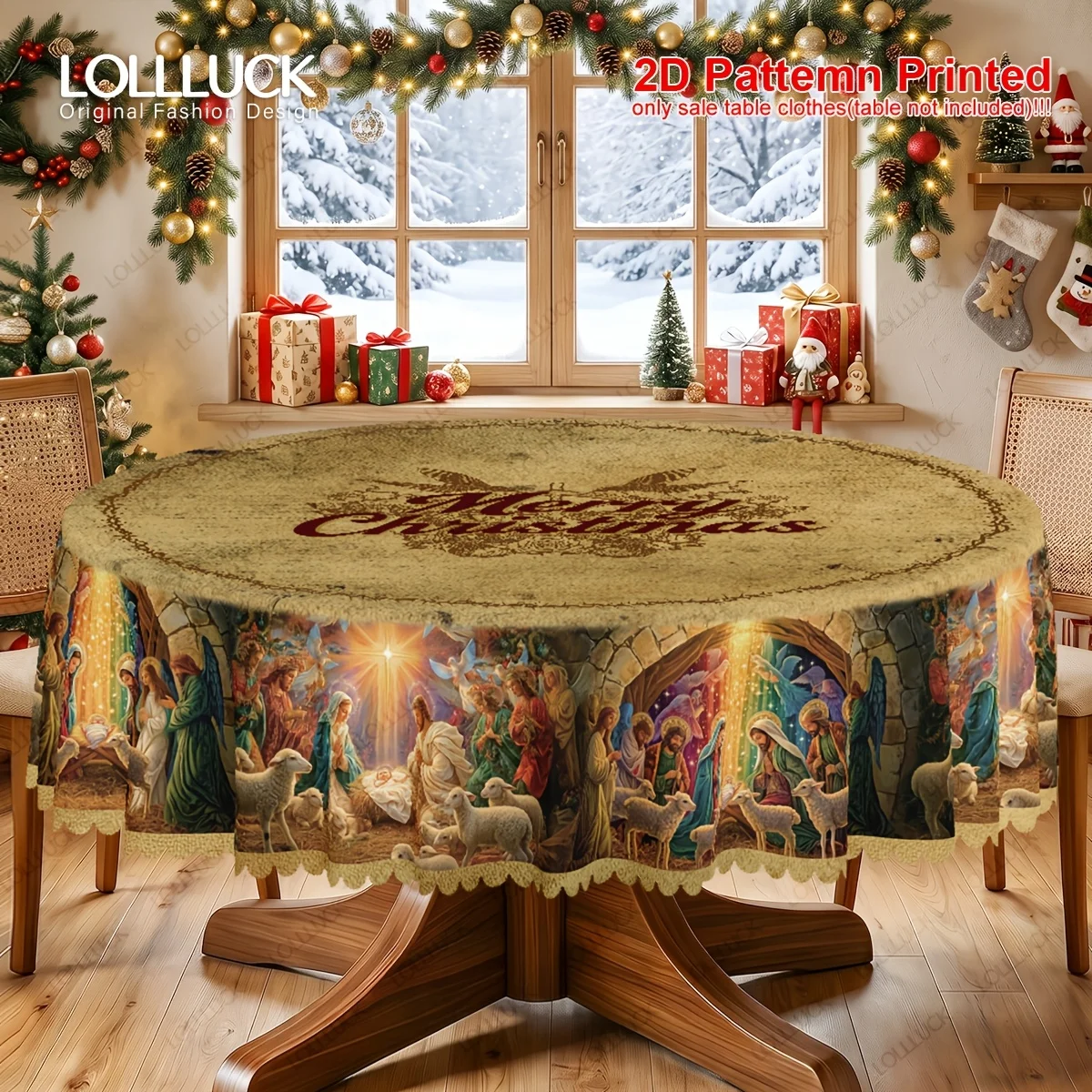 1 piece, Christmas party tablecloth, vintage nativity scene design pattern tablecloth with embossed edges